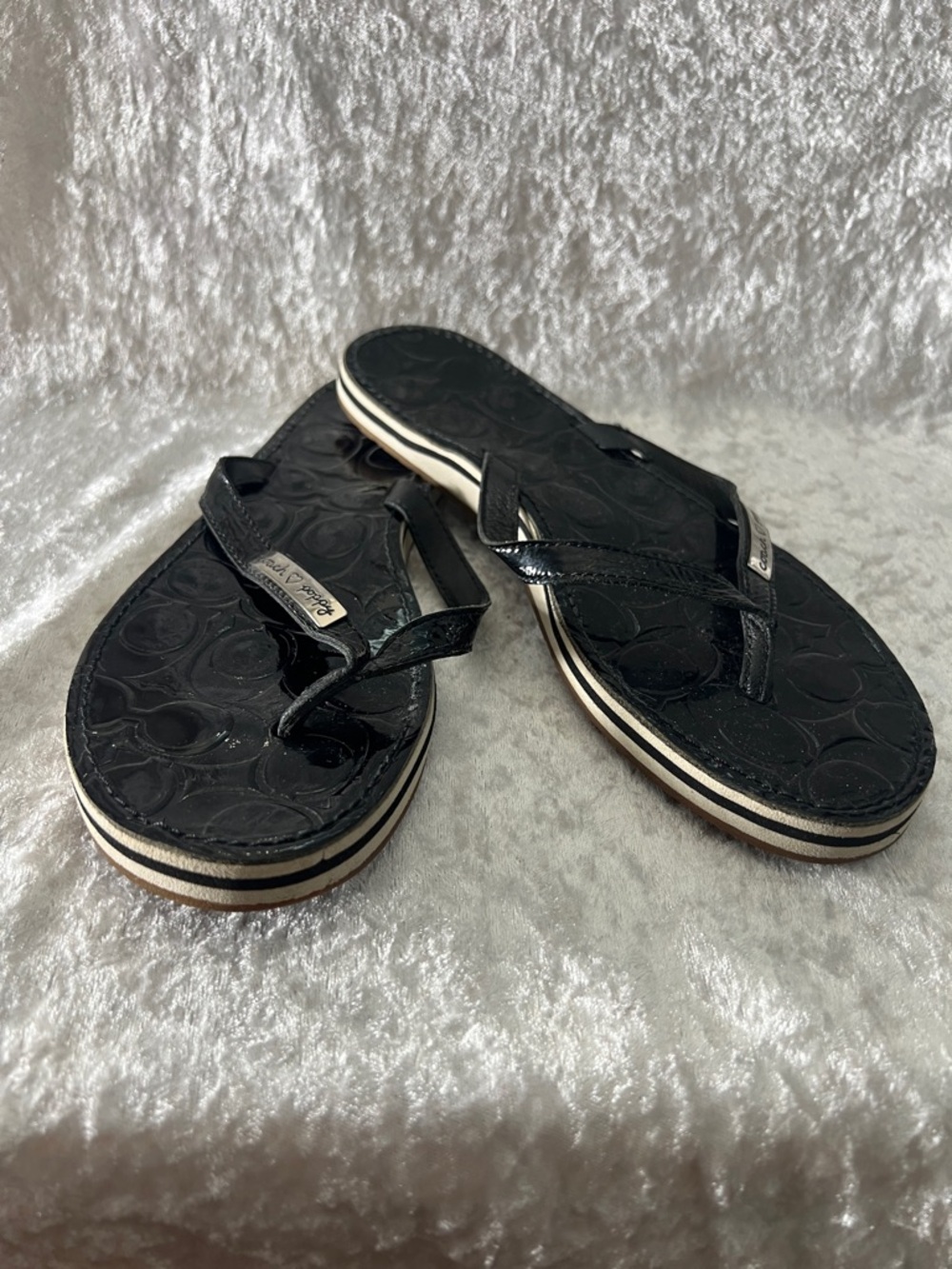 Coach Black Patent Logo Flip Flops with White Stripe